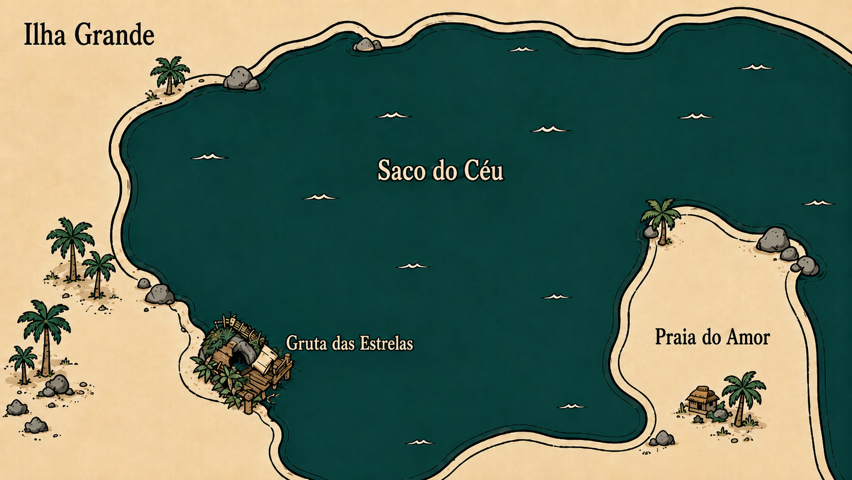 Mapa de localização do Gruta das Estrelas no Saco do Céu, Ilha Grande